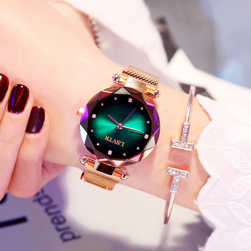 Роскошные часы из розового золота Женские модные бриллиантовые дамские звездное