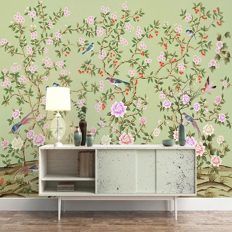 

Custom Any Size Mural Wallpaper 3D Flowers And Birds Pastoral Style Living Room TV Bedroom Home Decor Wall Papers 3D Stickers