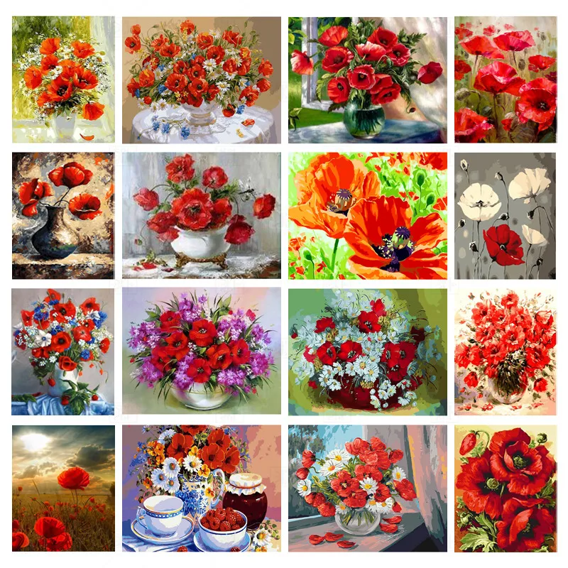 

Poppies Flower Diamond Painting Cross Stitch 5D DIY Red Flower Mosaic Embroidery Full Square Round Rhinestone Home Decoration