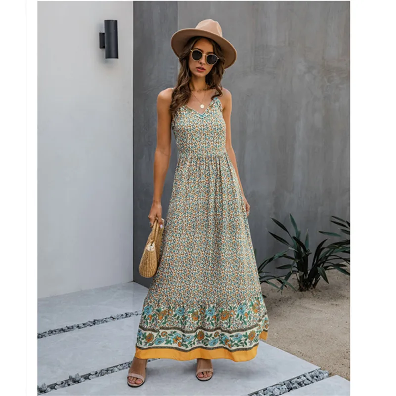 Summer Vintage Bohemian Women Print Dress 2020 Fashion Sexy V-neck Spaghetti Straps Maxi Dress 
Summer Vintage Bohemian Women Print Dress 2020 Fashion Sexy V-neck Spaghetti Straps Maxi Dress