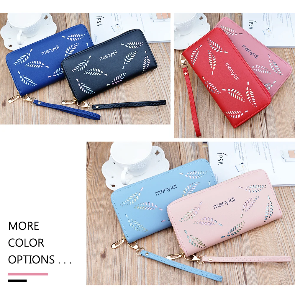 Long Zip Hollow Colorful Leaves RFID Women Purse Zipper Coin-Pocket 8 Card Slots Cellphone Open Pocket PU Leather Clutch Wallet | Багаж и