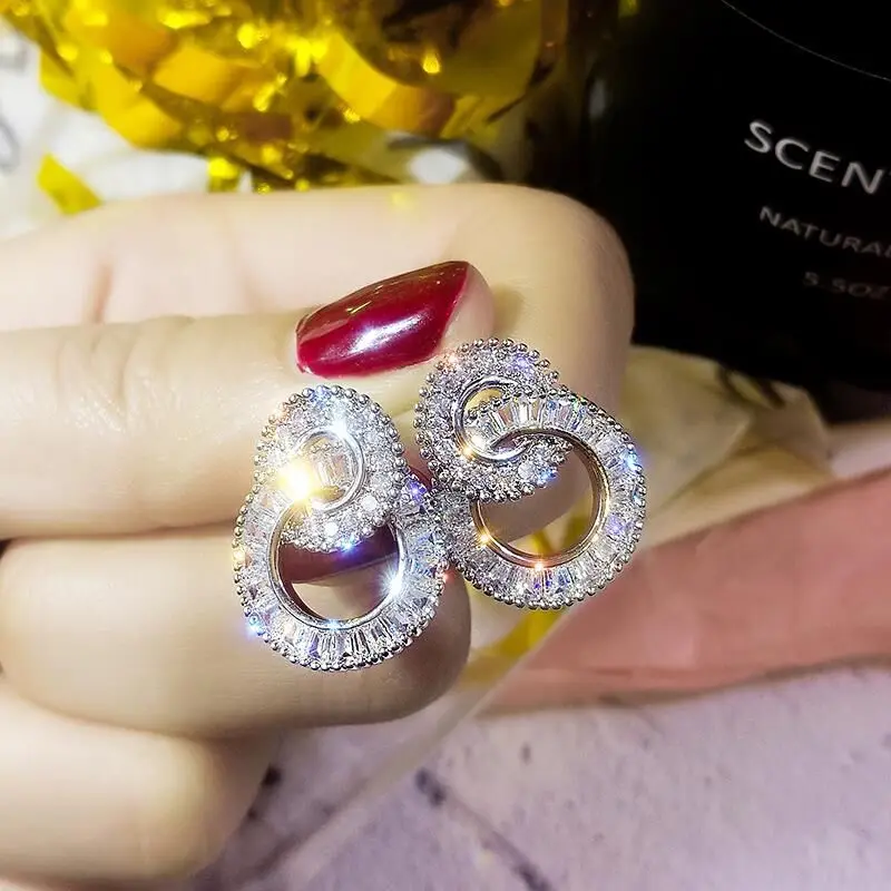 S925 стерлингового серебра Цвет круглый милый Bling CZ камень циркон серьги со
