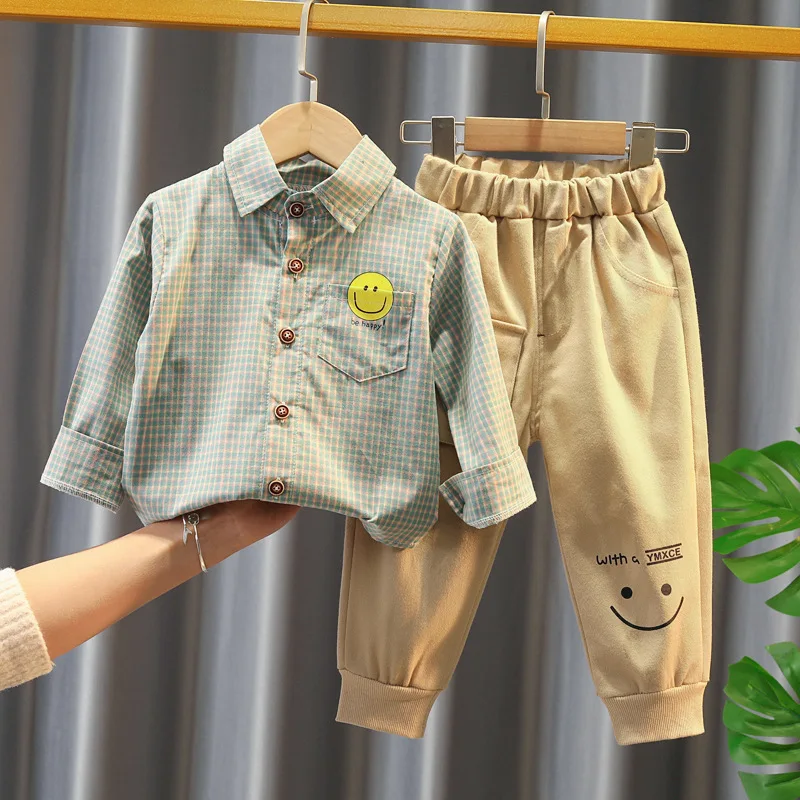 

Осенне-весенний модный официальный комплект одежды для маленьких мальчиков, детские костюмы, комплект из рубашки и брюк в клетку, 2 шт./компл...