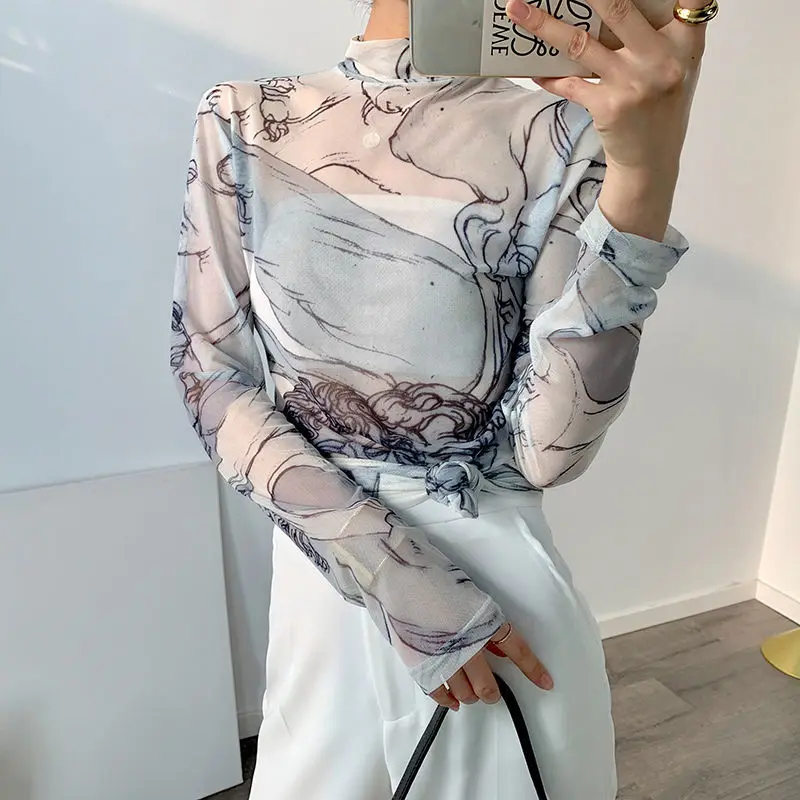Lace mesh top slim long sleeve half high collar thin bottomed shirt women's spring and Autumn Broadcloth Cotton
Lace mesh top slim long sleeve half high collar thin bottomed shirt women's spring and Autumn Broadcloth Cotton