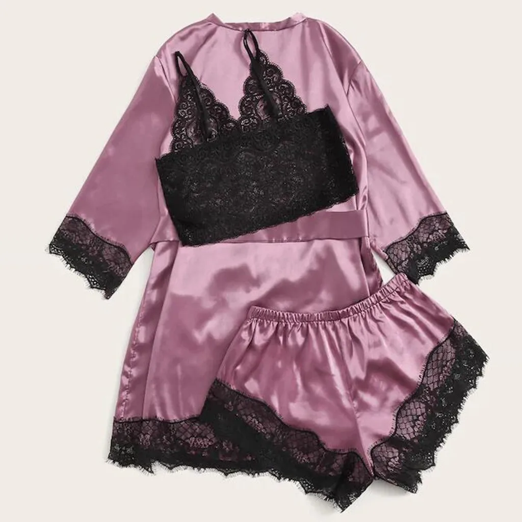 3PC women sleepwear set sleep wear Lace Satin Wireless Bra Camisole Shorts Pajamas Sleepwear Bow Robe Set
3PC women sleepwear set sleep wear Lace Satin Wireless Bra Camisole Shorts Pajamas Sleepwear Bow Robe Set