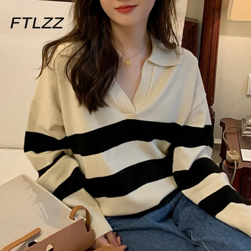 Корейский шикарный пуловер, свитер, женские полосатые вязаные свитера с отложным воротником, свободный джемпер большого размера на осень и ... 
Корейский шикарный пуловер, свитер, женские полосатые вязаные свитера с отложным воротником, свободный джемпер большого размера на осень и ...