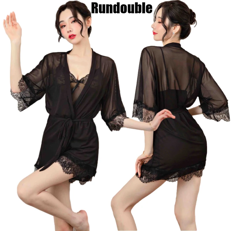

Black Nightdress Suspenders Lace Strap Bathrobe Lencería Underwear Perspective Outfit Female Sexy Lingerie Women Nightgown Set