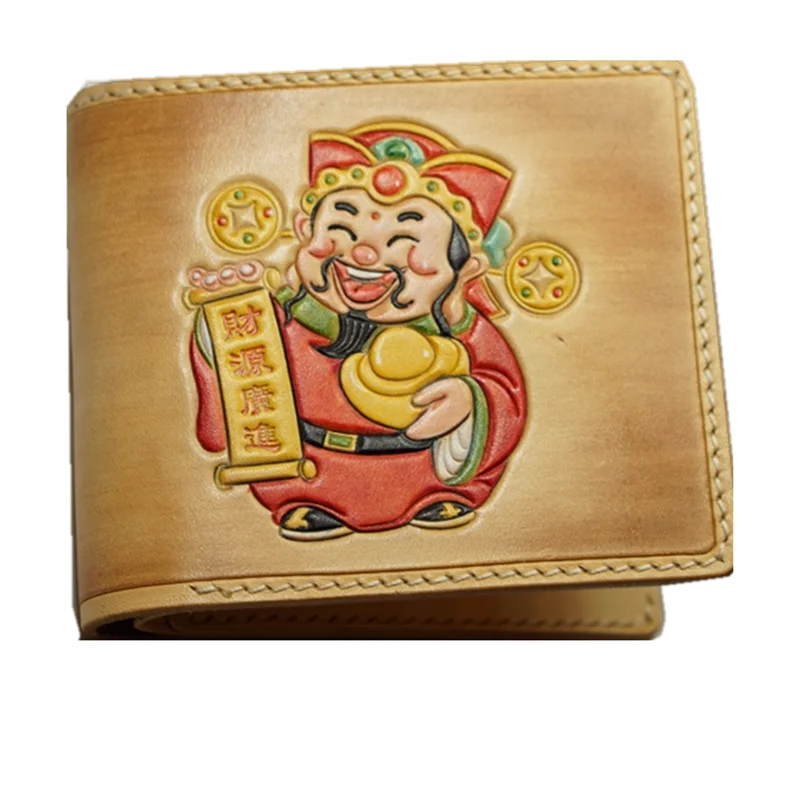 

Short Cow Leather Hand Carved Ammon Wallets Purses Women Men Clutch Vegetable Tanned Leather Wallet Card Holder New Year Gift