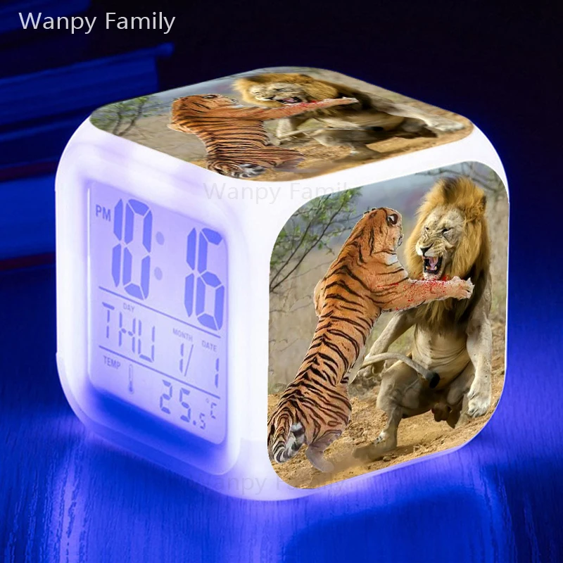 Светодиодный Будильник в виде льва и тигра многофункциональный цифровой