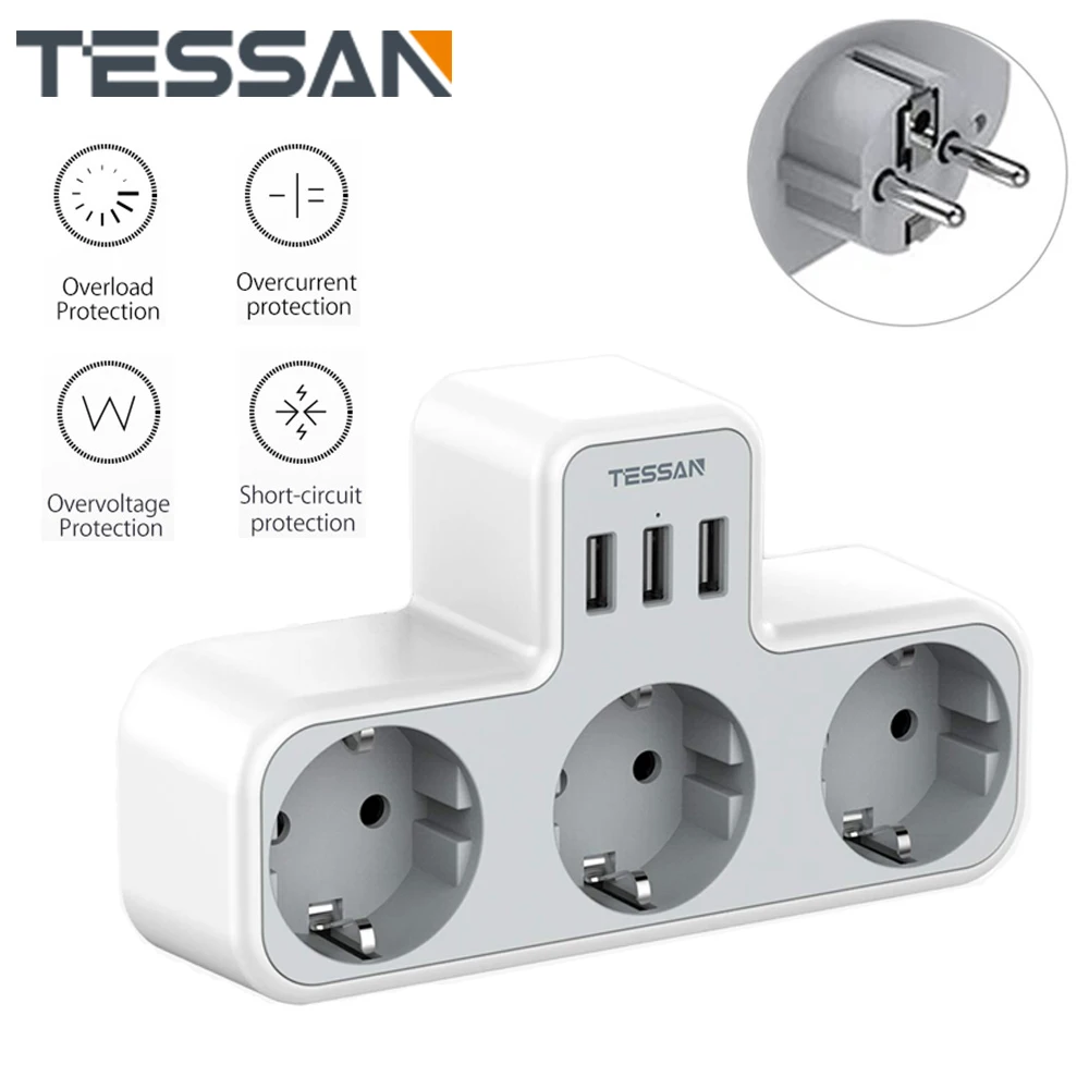 TESSAN EU Wall Plug Socket with 3 AC Outlets and 3 USB Charging Ports 110-250V 6 in 1 Power Strip Overload Protection for Home
TESSAN EU Wall Plug Socket with 3 AC Outlets and 3 USB Charging Ports 110-250V 6 in 1 Power Strip Overload Protection for Home