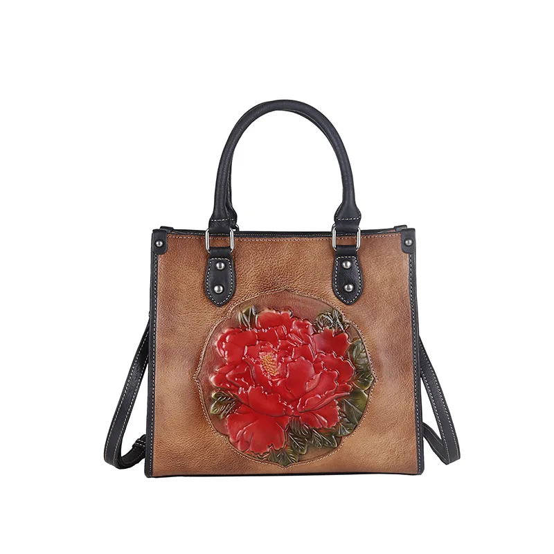 New China style leather handbag three dimensional pressure peony hand painted one Shoulder Messenger Bag
New China style leather handbag three dimensional pressure peony hand painted one Shoulder Messenger Bag