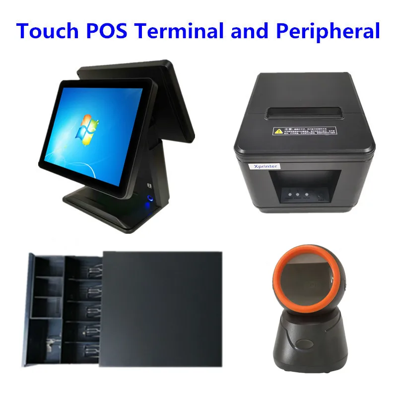 

Touch POS System 15" Dural Screen Cash Register & Cash Drawer & 80mm Thermal Receipt Printer Auto Cutter & Barcode Scanner