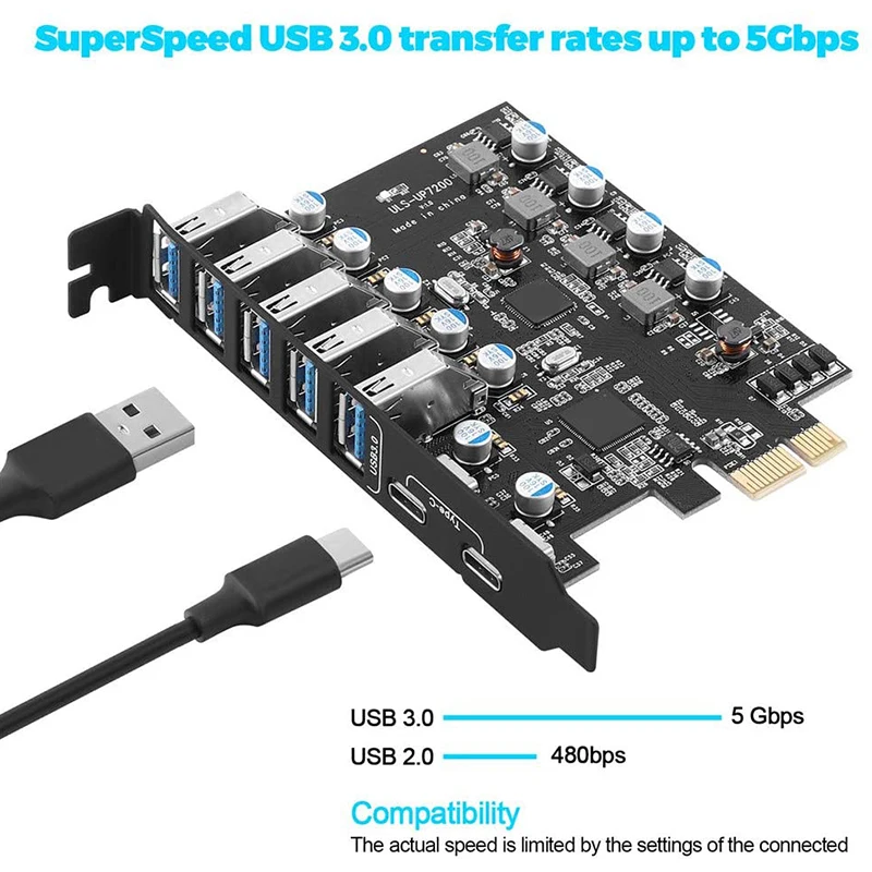 PCI-E to USB 3.0 7-Port Expansion Card, PCI Express USB 3.2 Add in Card, Internal USB3 Hub Converter for Desktop PC
PCI-E to USB 3.0 7-Port Expansion Card, PCI Express USB 3.2 Add in Card, Internal USB3 Hub Converter for Desktop PC