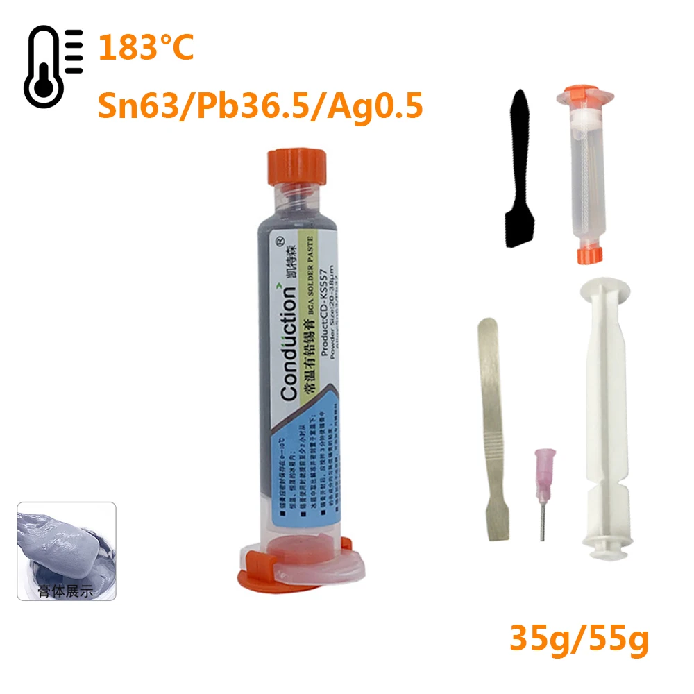 

BGA Tin Solder Paste No-clean Syringe Liquid Flux Melting Point 183 degrees Applicable to Phone PCB BGA SMD PGA Repair 55/35g