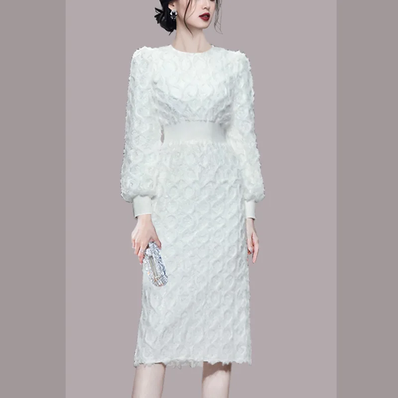 

Элегантное белое кружевное платье во французском стиле, новинка сезона осень-зима 2021, женские темпераментные приталенные платья миди с рук...