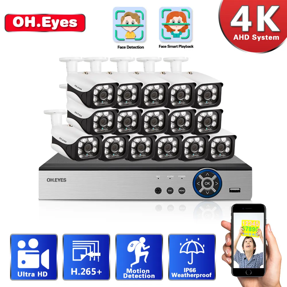 

Комплект охранной системы видеонаблюдения OH.EYES 4K 16CH DVR наружная Водонепроницаемая камера видеонаблюдения 8MP Взрывозащищенная камера AHD HDMI н...