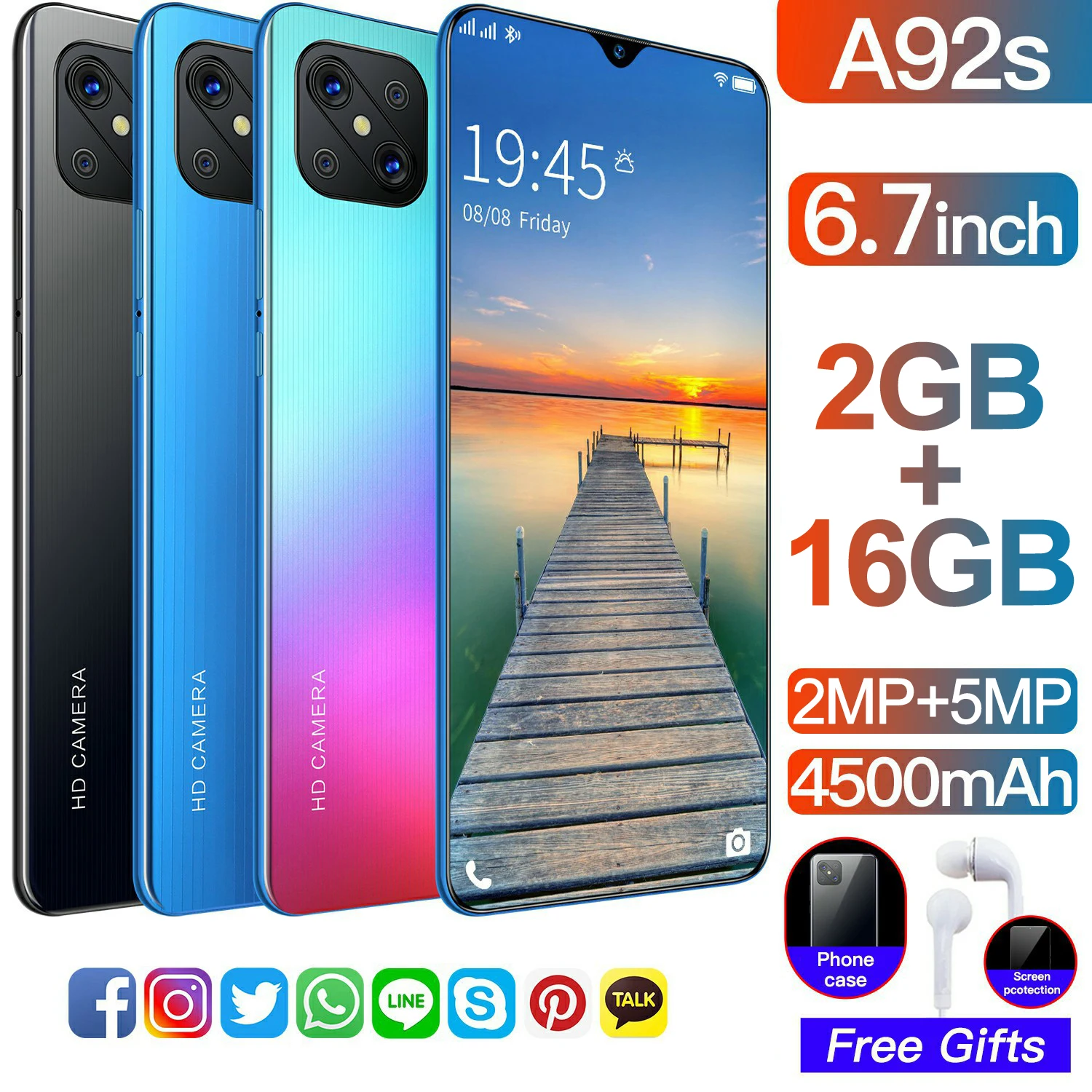 

A92s 2021 Latest Smartphone 2GB RAM 16GB ROM 6.7inch Screen HD Camera 4800mAh Big Battery Mobile Android Cellphone Celulares