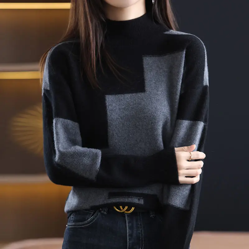 Women's Half Turtleneck Sweater Women's 2021 Fall/Winter New Style Plus Velvet Thick Knit Sweater With Loose Color-blocking Knit
Women's Half Turtleneck Sweater Women's 2021 Fall/Winter New Style Plus Velvet Thick Knit Sweater With Loose Color-blocking Knit