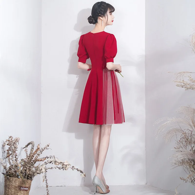 Women Elegant Short Formal Party Dress Sweet Bow Trim Turn-down Collar Banquet Gown Burgundy Exquisite Bride Wedding Dresses
Women Elegant Short Formal Party Dress Sweet Bow Trim Turn-down Collar Banquet Gown Burgundy Exquisite Bride Wedding Dresses