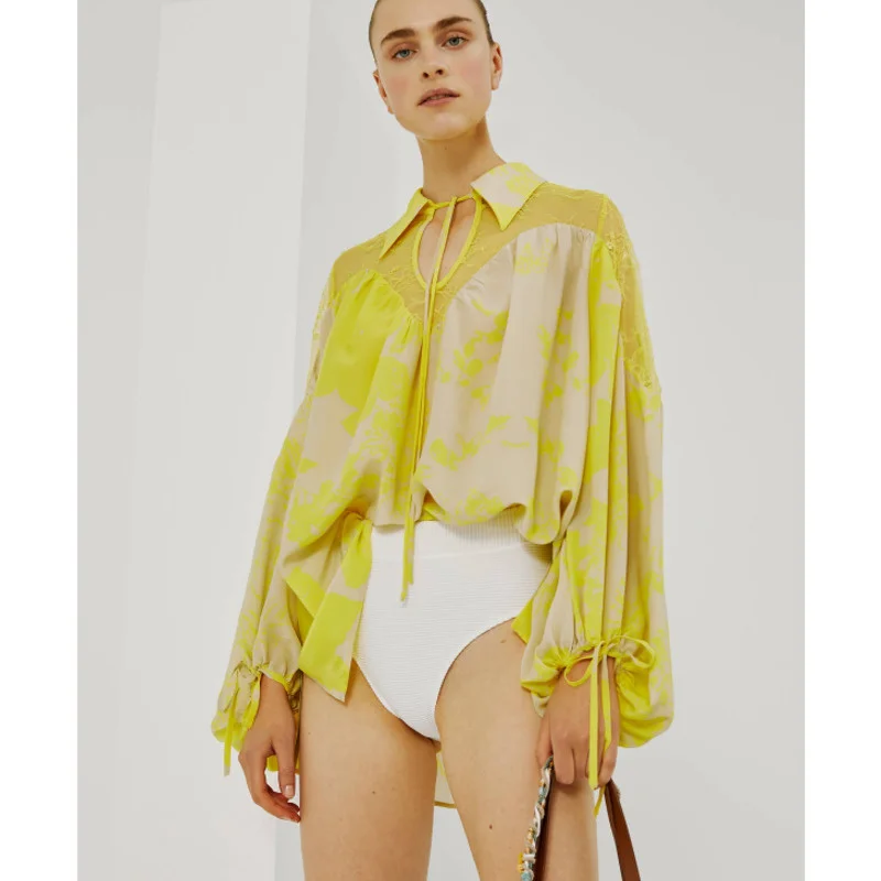 Summer Sexy Women Chiffon Blouses Elegant Yellow Turn-down Collar See-through Long Sleeve Top Shirt Fashion Lace Women Blouses
Summer Sexy Women Chiffon Blouses Elegant Yellow Turn-down Collar See-through Long Sleeve Top Shirt Fashion Lace Women Blouses