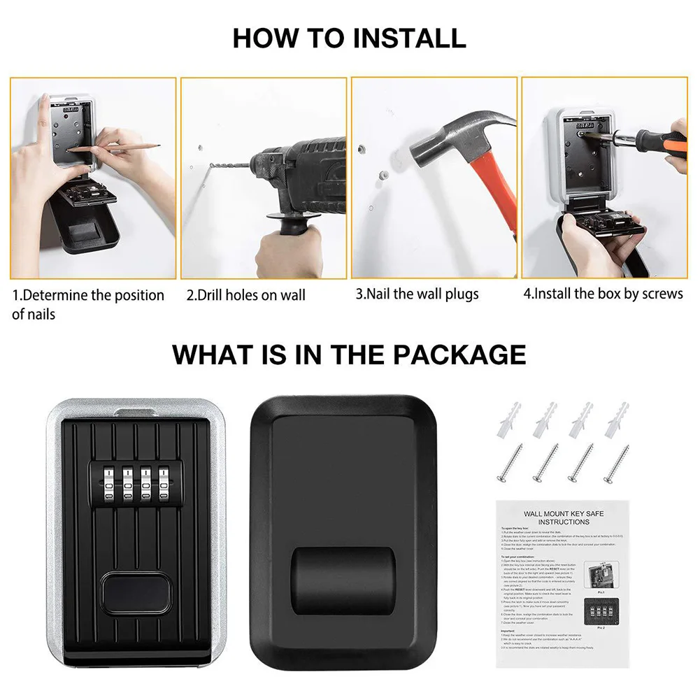 Wall Mounted/Padlock 4-Digit Combination Key Lock Storage Safe Security Box Home Office SGA998
Wall Mounted/Padlock 4-Digit Combination Key Lock Storage Safe Security Box Home Office SGA998