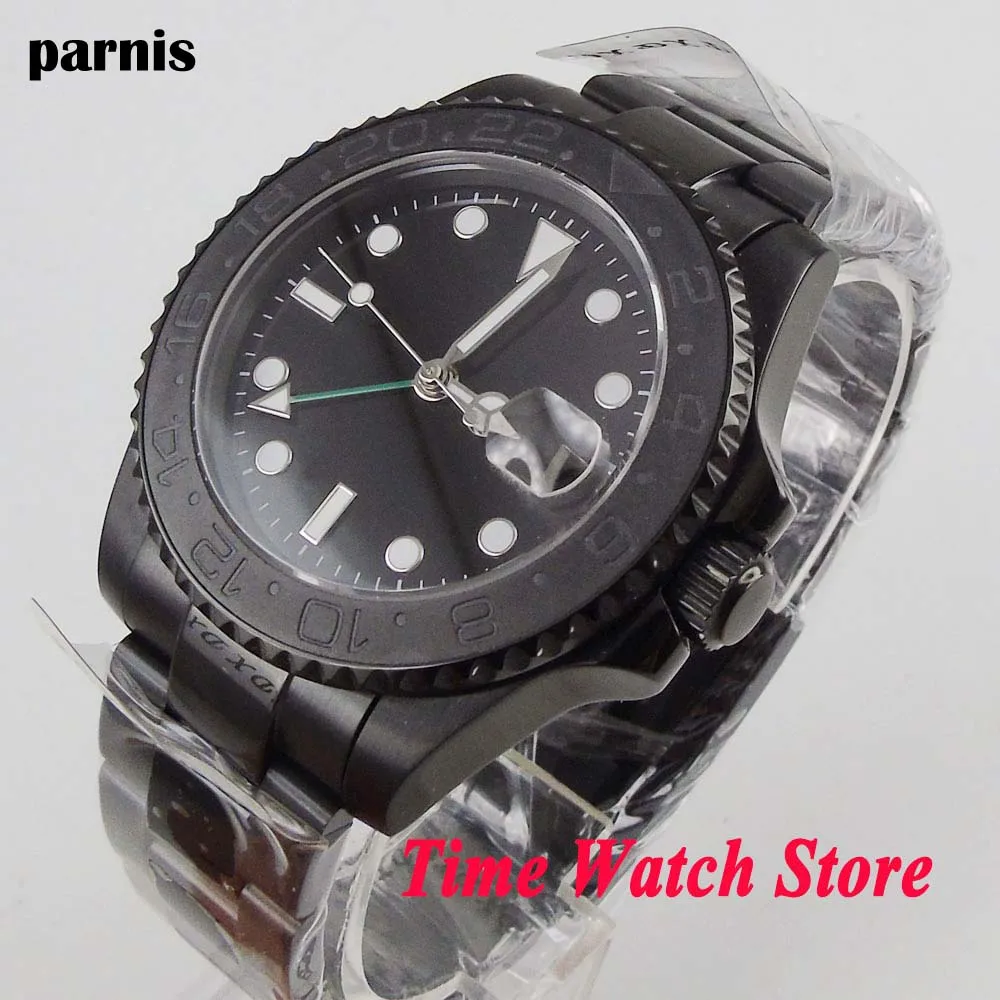 

Parnis 40mm GMT 3804 Automatic men's watch PVD case sapphire glass luminous black strile dial waterproof ceramic bezel