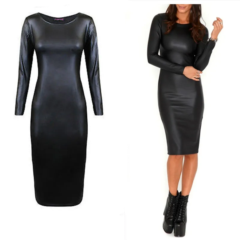 

Black Sexy Faux Leather Bandage Schede Jurken Bodycon Zomer Lange Mouwen Rits Cocktail Party Vrouwen Midi Jurk