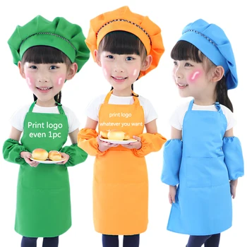 Children Apron Kids Sleeves Hat Set Big Pocket Kitchen Baking Painting Cooking Craft Art Bib Pinafore 9 Colors Print Logo