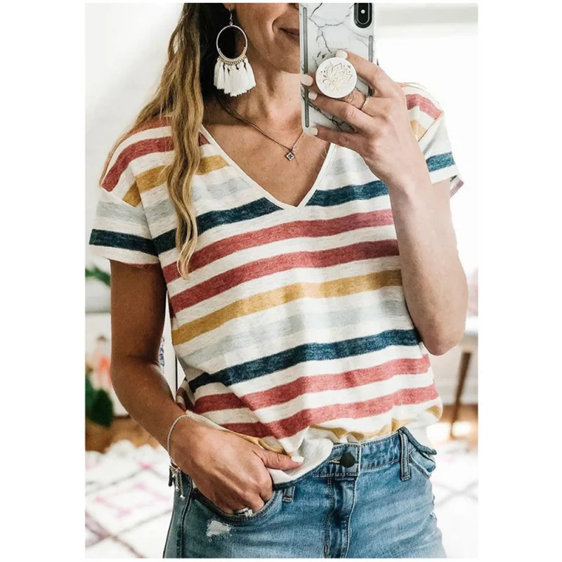 2021 Summer Short Sleeve T-Shirt new three color stripe contrast V-neck top women's Free shipping
2021 Summer Short Sleeve T-Shirt new three color stripe contrast V-neck top women's Free shipping