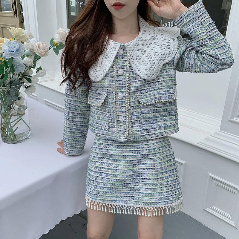 2021 New Spring Tweed Set Bow Beaded Doll Collar Jacket + High Waist Single Breasted Skirt Temperament Lovely 2-Piece Suit Women
2021 New Spring Tweed Set Bow Beaded Doll Collar Jacket + High Waist Single Breasted Skirt Temperament Lovely 2-Piece Suit Women
