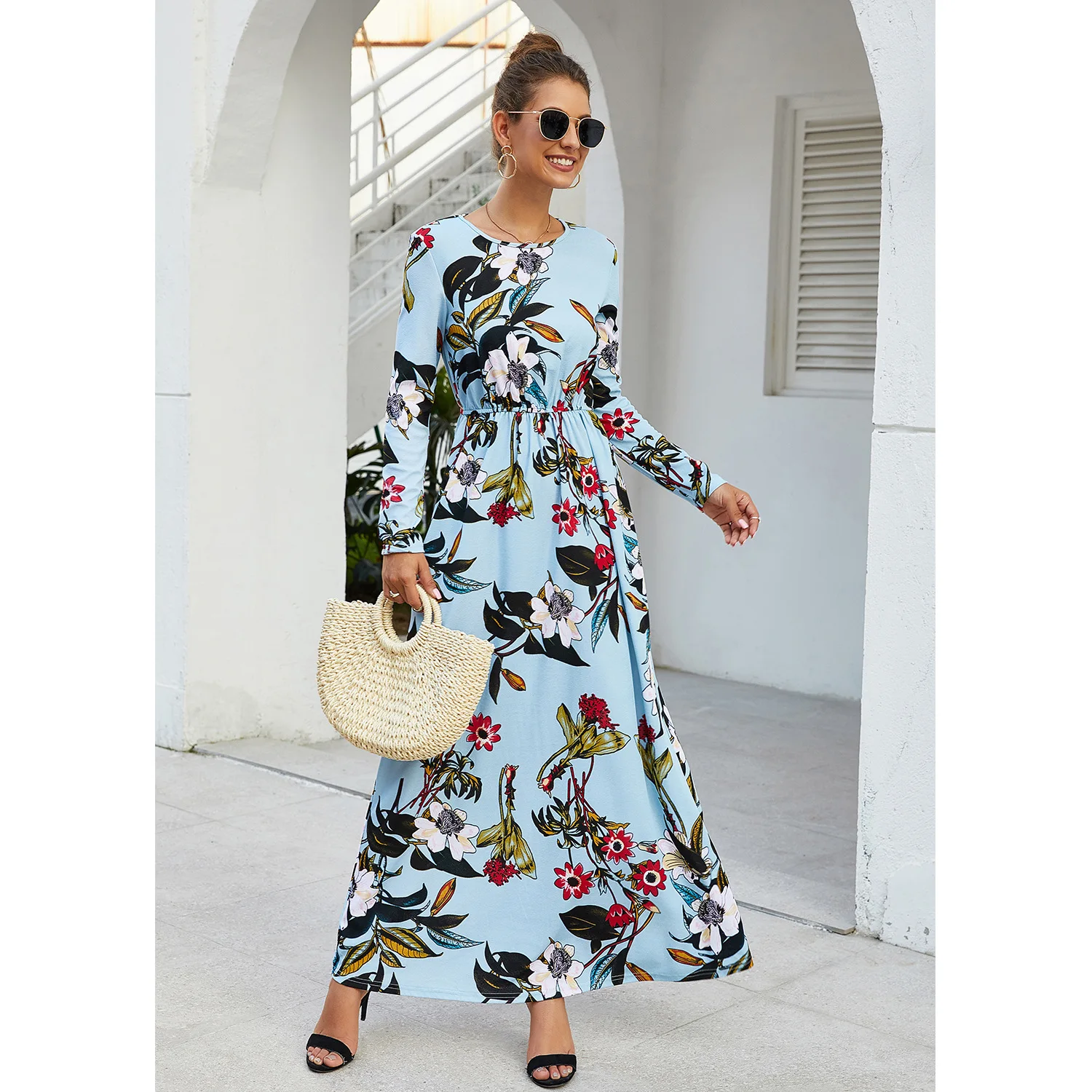 Yellow Blue Pink Dress European and American printed long sleeve pocket round collar waist elegant dress Christmas dress
Yellow Blue Pink Dress European and American printed long sleeve pocket round collar waist elegant dress Christmas dress