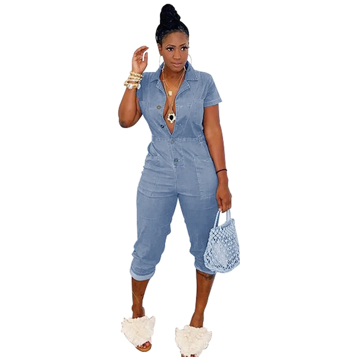Demin Jumpsuit Women Cropped Pants Summer African Style Rompers Womens Playsuit Fitness Sexy Button Half Elastic Waist Jumpsuits
Demin Jumpsuit Women Cropped Pants Summer African Style Rompers Womens Playsuit Fitness Sexy Button Half Elastic Waist Jumpsuits