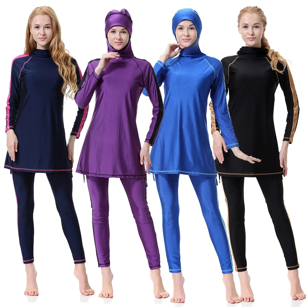 Женский мусульманский костюм для плавания 3 шт./компл. однотонный хиджаб серфинга