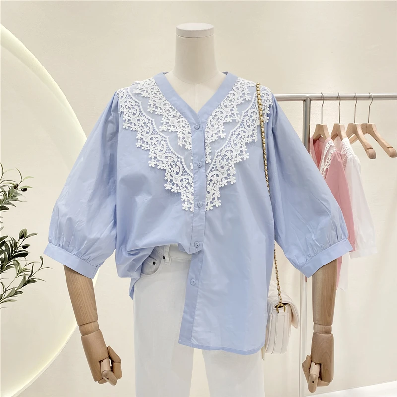 Women V Neck Button Blouse Half Sleeve Korean Fashion Loose Cotton Lace Shirt Tops Elegant Blue
Women V Neck Button Blouse Half Sleeve Korean Fashion Loose Cotton Lace Shirt Tops Elegant Blue
