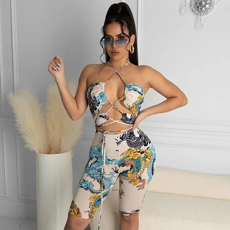 Women jumpsuit sexy hollow hanging neck halter lace-up one-piece printing five-point gym clothing
Women jumpsuit sexy hollow hanging neck halter lace-up one-piece printing five-point gym clothing