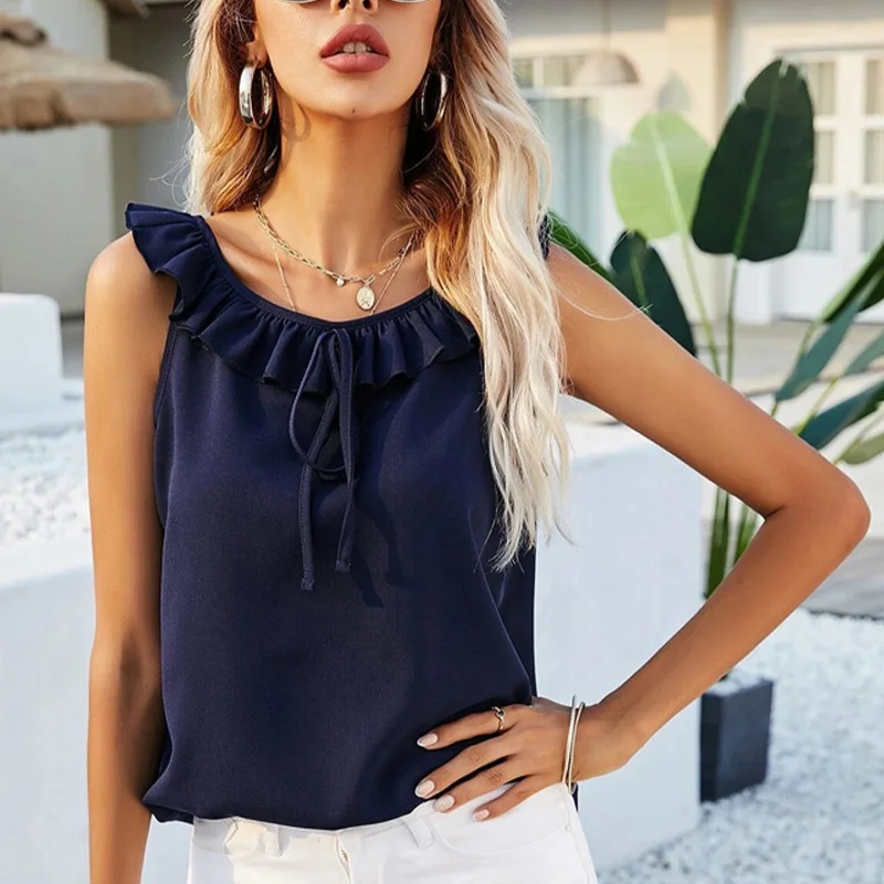 Summer Sleeveless Ruffles Women's Tank Tops Backless Lace Up Sexy Loose O-neck Female Tanks 2021 Fashion Elegant New Lady Vests
Summer Sleeveless Ruffles Women's Tank Tops Backless Lace Up Sexy Loose O-neck Female Tanks 2021 Fashion Elegant New Lady Vests