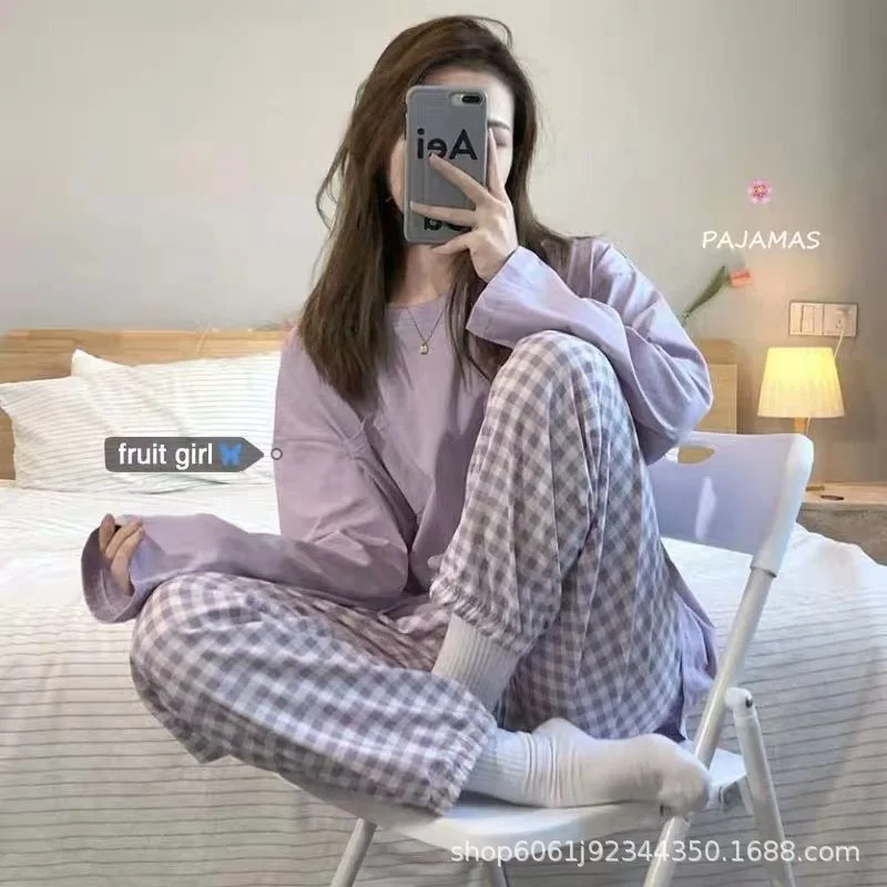 3XL Women's Pajamas Set INS 2 Pieces Cotton Girls Sleepwear Sweet Home Clothes For Women Plaid Full Length 
3XL Women's Pajamas Set INS 2 Pieces Cotton Girls Sleepwear Sweet Home Clothes For Women Plaid Full Length