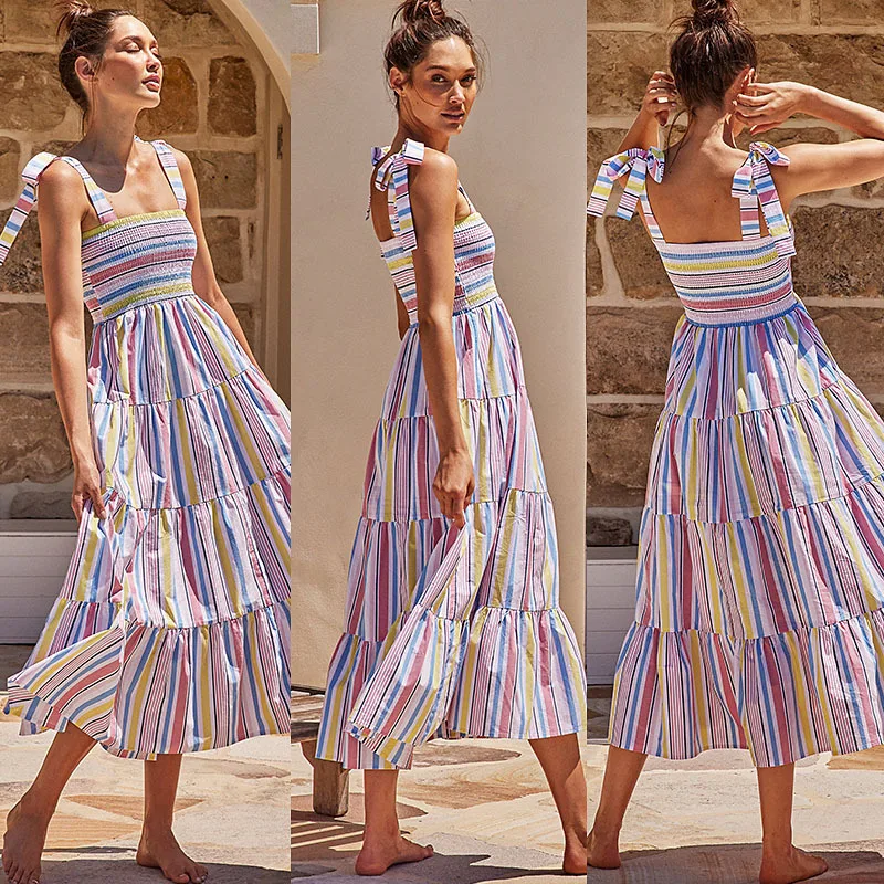 Women's Summer Sling Dress Sexy Backless Fashion Print Striped Tube Top Lace Up Sleeveless Dress Ladies Beach Holiday Long Skirt
Women's Summer Sling Dress Sexy Backless Fashion Print Striped Tube Top Lace Up Sleeveless Dress Ladies Beach Holiday Long Skirt