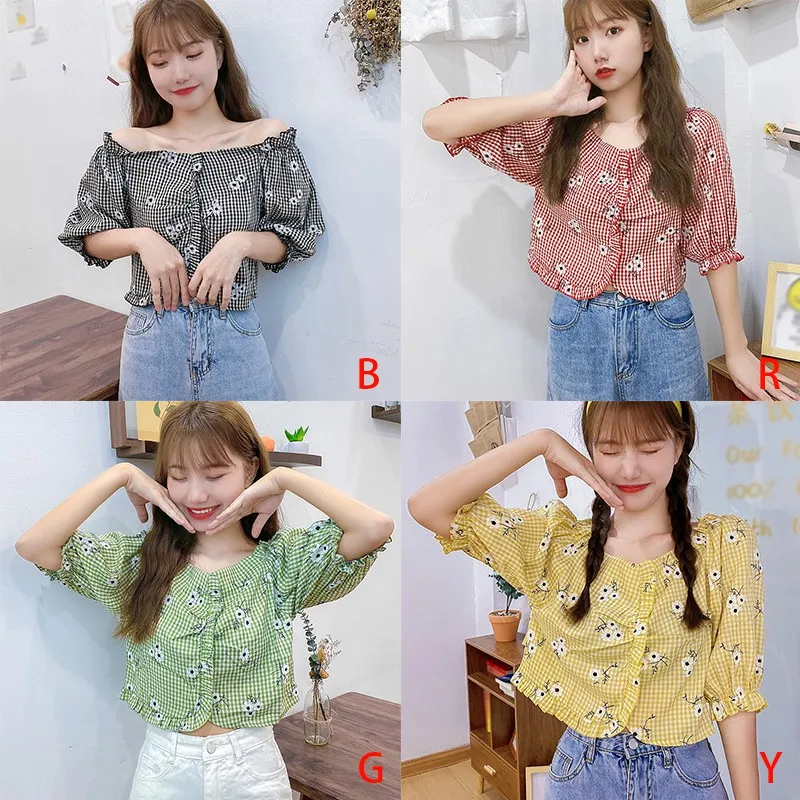 Women's Summer Sweet Blouses Casual Slim Plaid Floral Print Square Collar Exposed Navel Puff Sleeve Blouse Tops New
Women's Summer Sweet Blouses Casual Slim Plaid Floral Print Square Collar Exposed Navel Puff Sleeve Blouse Tops New
