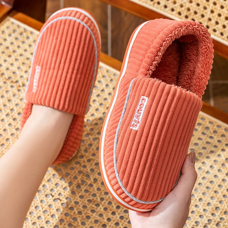 

Winter slippers for women Corduroy Striped simple home shoes Thick bottom plush keep warm mens loafer slippers house fuzzy shoe