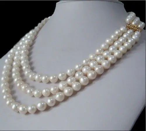 triple natural 8-9mm south sea white pearl necklace 17"18" 14k/20