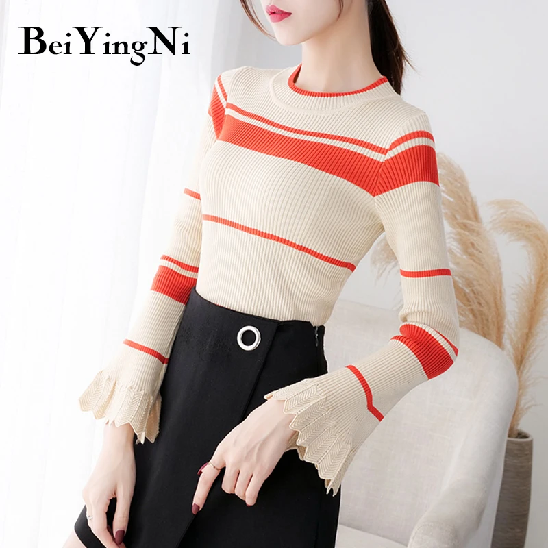 Beiyingni 2020 Autumn Winter Sweater Women Striped Knitwear Slim Flare Sleeve Knitted Pullovers Female White Black Korean Tops 
Beiyingni 2020 Autumn Winter Sweater Women Striped Knitwear Slim Flare Sleeve Knitted Pullovers Female White Black Korean Tops
