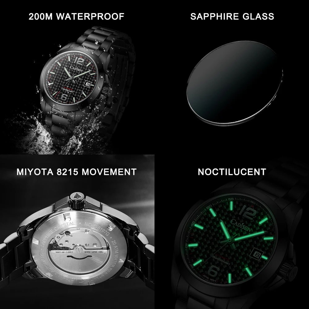 CADISEN Watches Mens Mechanical Automatic Luxury Brand 39mm Size Luminous MIYOTA 8215 Wristwatch 200M Waterproof Watch For Men | Наручные