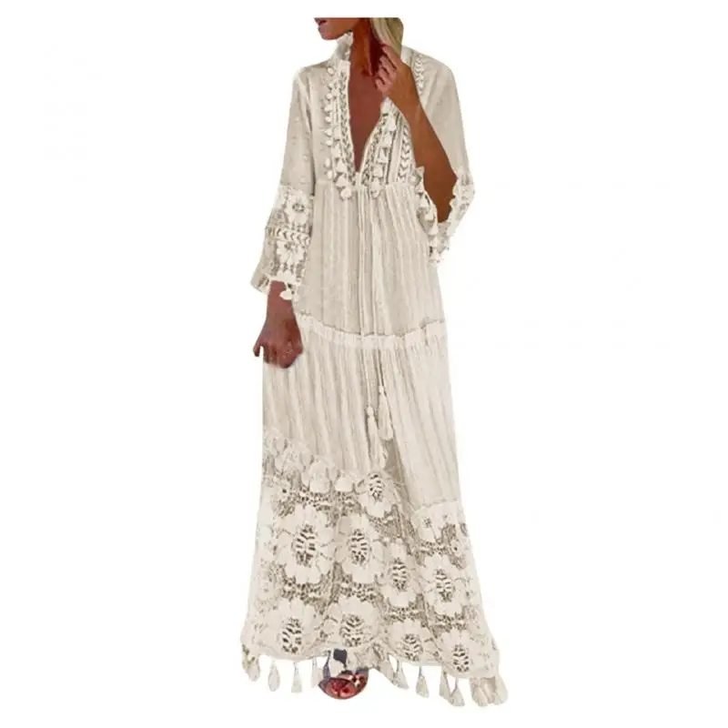 Casual White Dress Long Sleeve Dress Fashion Bohemian Large Size V-Neck Solid Color Lace Tassel Long Dresses vestido de mujer
Casual White Dress Long Sleeve Dress Fashion Bohemian Large Size V-Neck Solid Color Lace Tassel Long Dresses vestido de mujer
