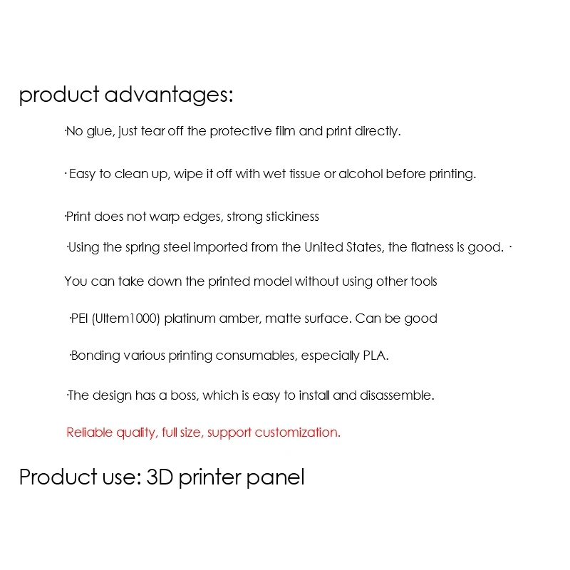 3D Printer Accessories Hot Bed Elastic Steel Plate PEI Platform Sticker Mold for Ender3/S and CR-10/S Etc.
3D Printer Accessories Hot Bed Elastic Steel Plate PEI Platform Sticker Mold for Ender3/S and CR-10/S Etc.