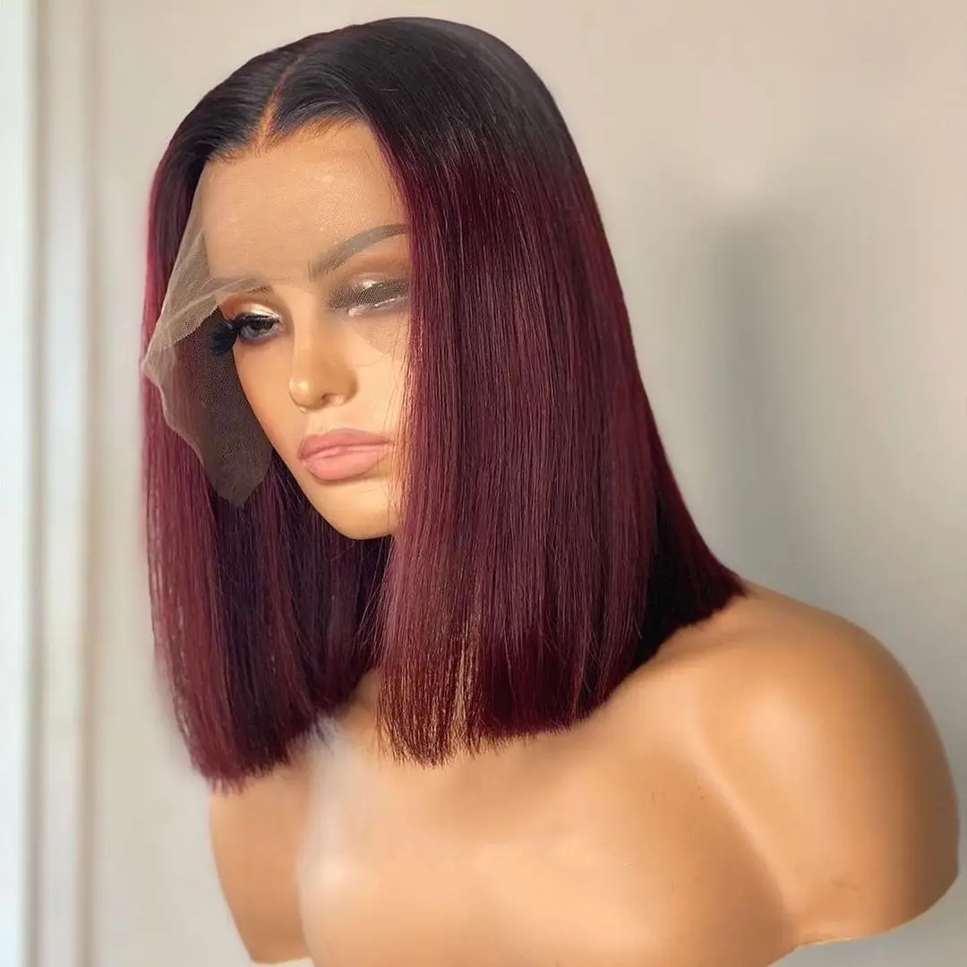 

Short Bob 13x4 Lace Front Wig 1B 99J Straight Burgundy Human Hair Wig Brazilian Remy Ombre Wine Red 180% Pre Plucked For Women