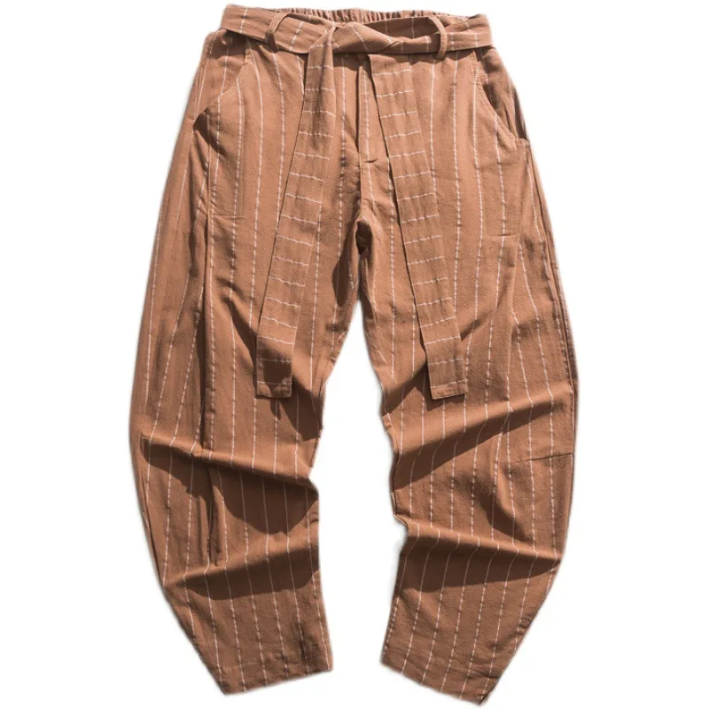 Cotton and linen new loose Harem striped casual fashion cropped trousers 2021 spring and summer men 
Cotton and linen new loose Harem striped casual fashion cropped trousers 2021 spring and summer men