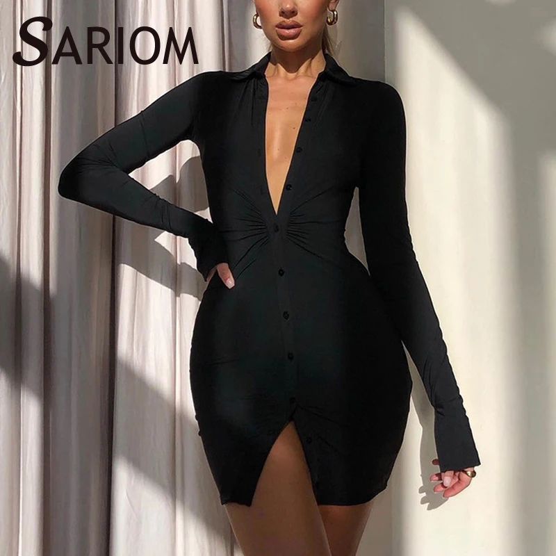 Сексуальное черное винтажное платье Y2k с отложным воротником, облегающее Плиссированное мини-платье с запахом, рубашка со складками и длинн... 
Сексуальное черное винтажное платье Y2k с отложным воротником, облегающее Плиссированное мини-платье с запахом, рубашка со складками и длинн...