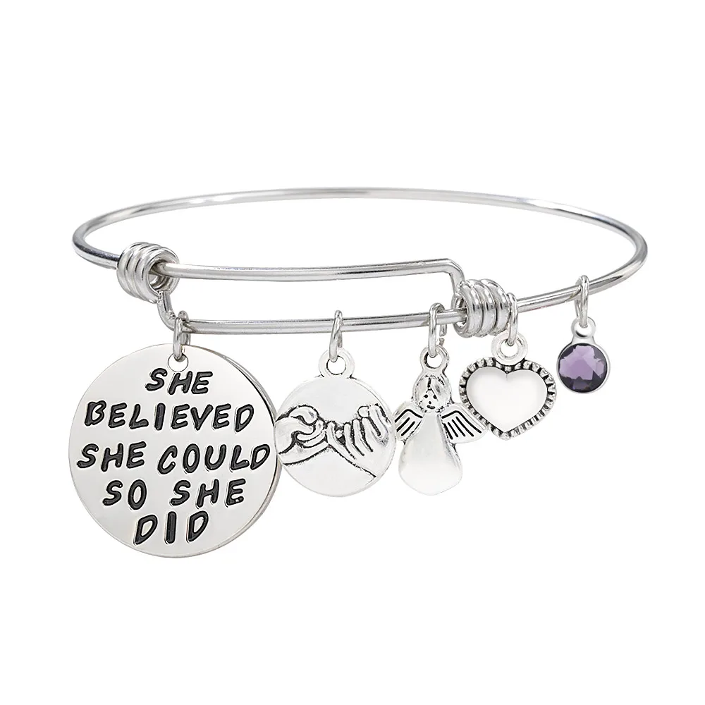 2021 High Quality Stainless Steel Bangle Heart She Believe Herself 12 Color Birthstone Charm Bracelet for Women Fashion Jewelry
2021 High Quality Stainless Steel Bangle Heart She Believe Herself 12 Color Birthstone Charm Bracelet for Women Fashion Jewelry