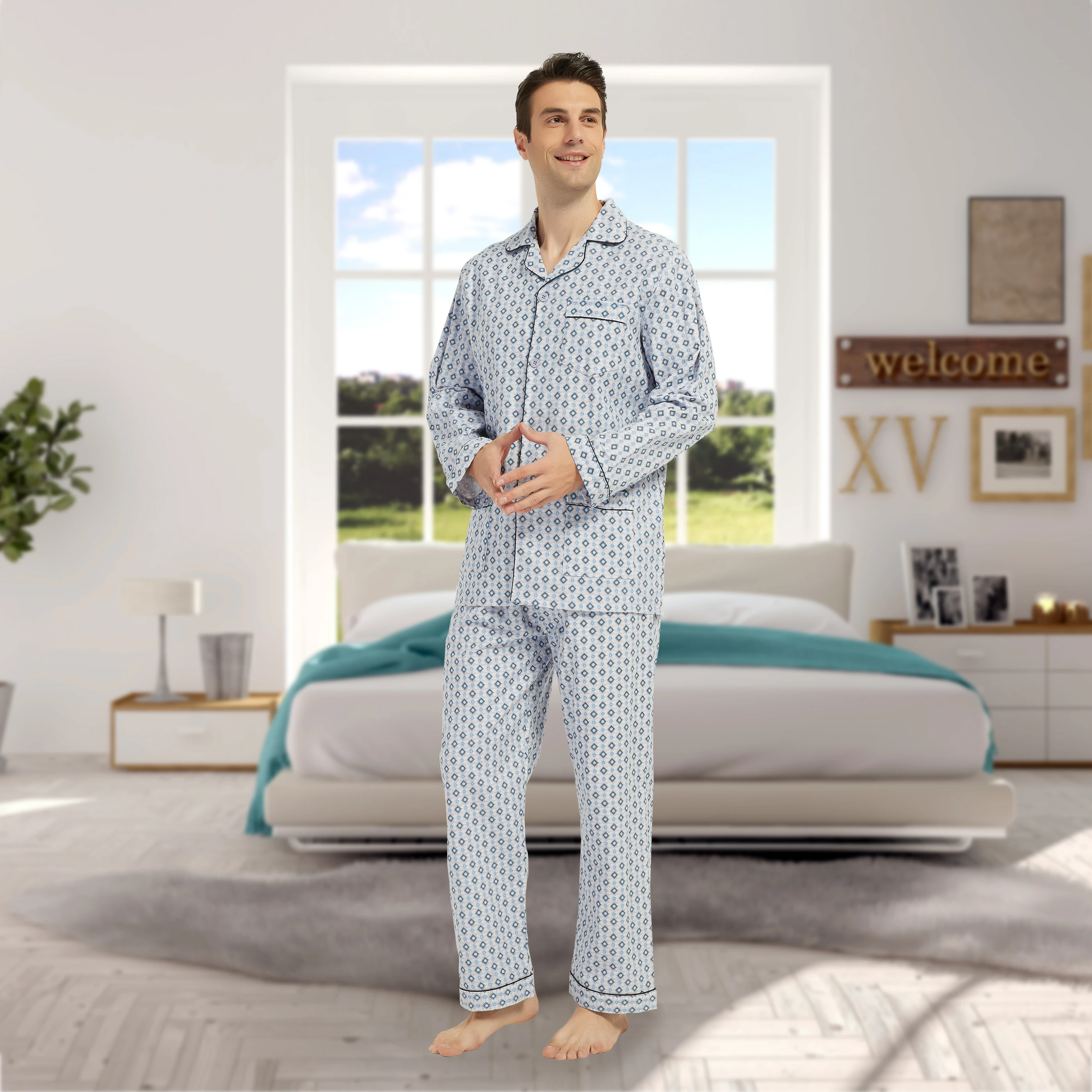 Global mens classic 100% cotton pajamas, combed cotton nightgown, comfort home wear with long sleeved trousers
Global mens classic 100% cotton pajamas, combed cotton nightgown, comfort home wear with long sleeved trousers